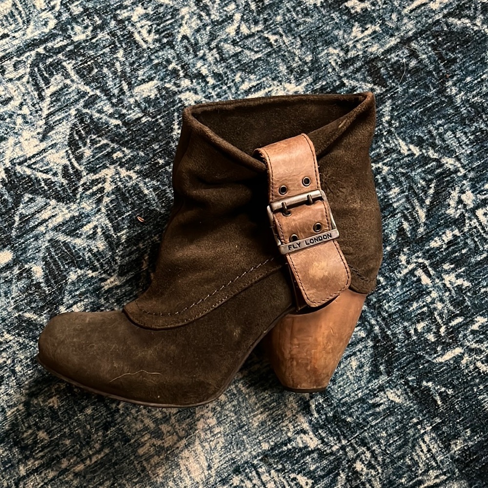 Fly London suede ankle boot olive green wooden heel